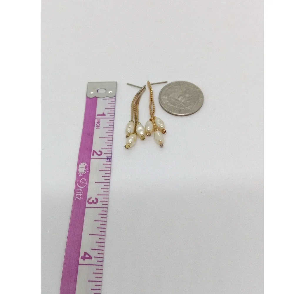Gold Tone Curb Chain Faux Pearl Dangling Drop Earrings Womens Accessory